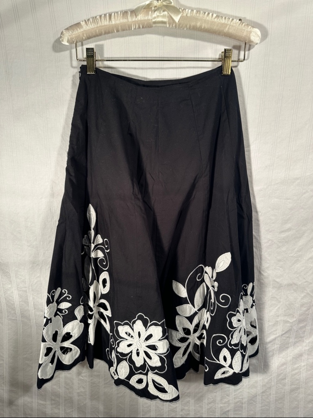 Black Midi Skirt with White Floral Embroidery